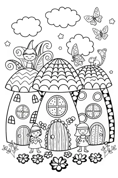 Adventure in the Mushroom Village Coloring Page