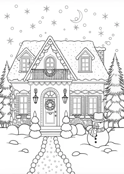 Cozy Snowy Cottage Coloring Page
