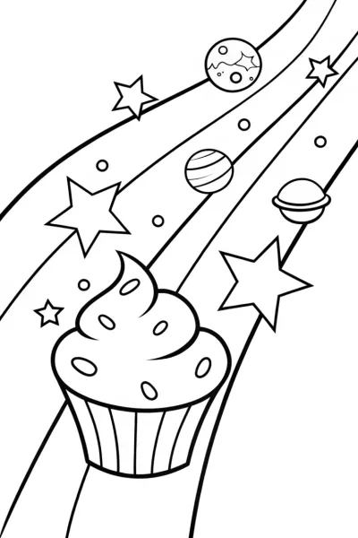 Cosmic Cupcake Space Adventure Coloring Page