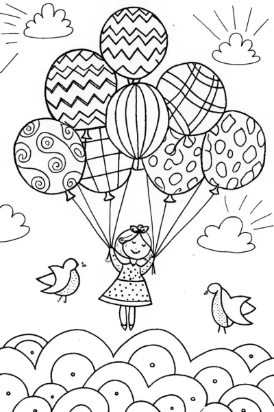 Alice’s Whimsical Balloon Ride Coloring Page