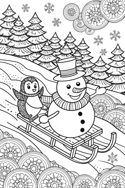 Snowman and Penguin Sledding Coloring Page