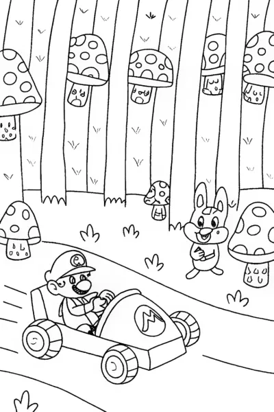 Mario Karting Through a Mushroom Forest Coloring Page