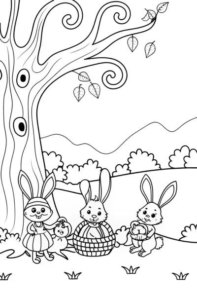 Autumn Adventure at the Enchanted Tree Coloring Page