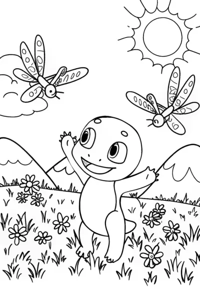 Charmander’s Dragonfly Dance Coloring Page