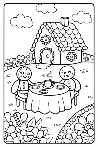 Gingerbread Friends’ Festive Tea Party Coloring Page