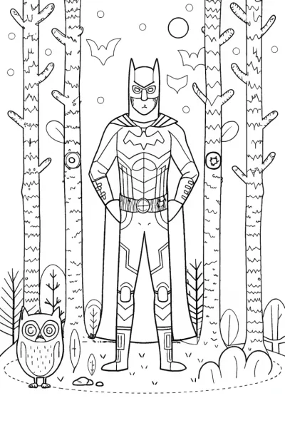 Batman in a Magical Tech Forest Coloring Page