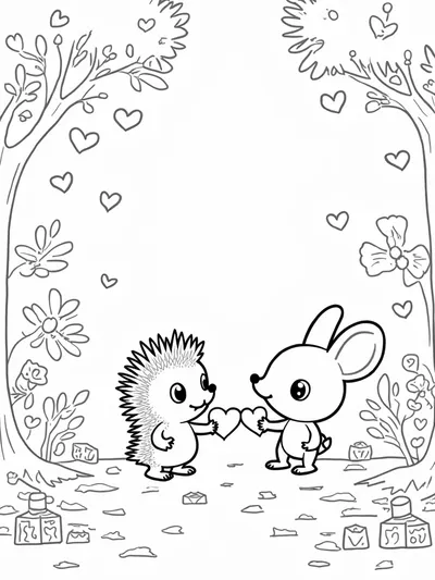 Hedgehog and bunny sharing hearts