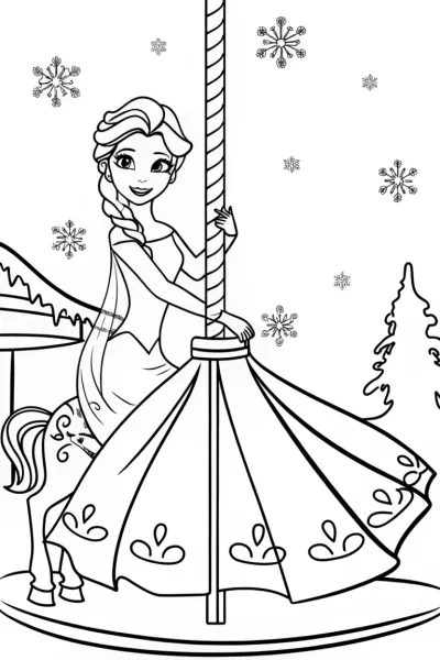 Elsa and the Enchanted Ice Carousel Coloring Page