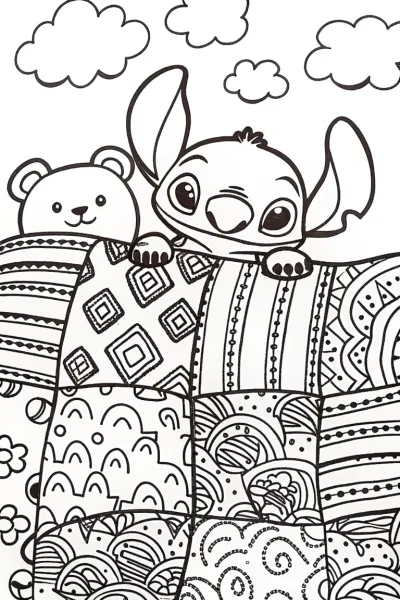 Stitch’s Cozy Quilt Adventure Coloring Page