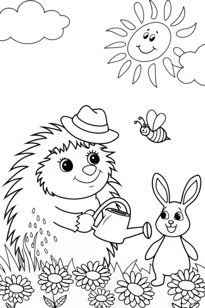 Hedgehog and Bunny Gardening Coloring Page