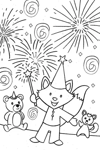 Fox and Bear Firework Festival Coloring Page
