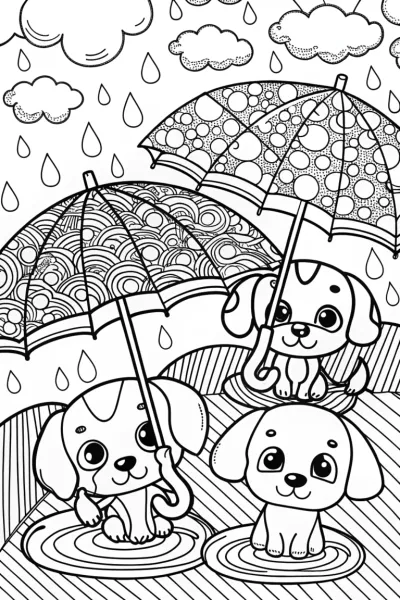 Puppy Parade with Rainbow Umbrellas Coloring Page