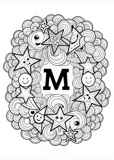 Letter M Coloring Fun with Stars and Clouds