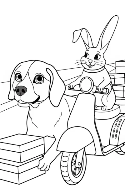 Dog and rabbit delivering pizzas