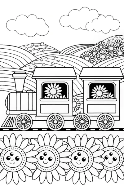 The Whimsical Flower Train Coloring Page
