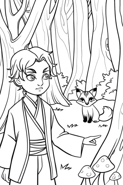 Demon Slayer and Kitsune Spirit Coloring Page