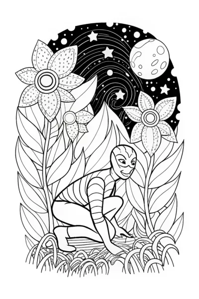 Miles Morales in the Cosmic Garden Coloring Page