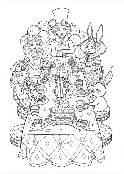 Mad Hatter’s Whimsical Tea Party Coloring Page