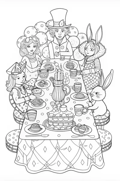 Mad Hatter’s Whimsical Tea Party Coloring Page