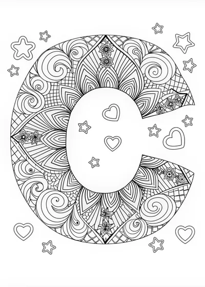 “Magical Letter C with Stars and Hearts Coloring Page”