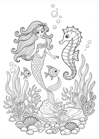 Mermaid Ariel’s Seahorse Friend Coloring Page