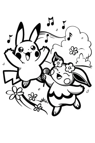 Pikachu and Eevee Dance Party Coloring Page
