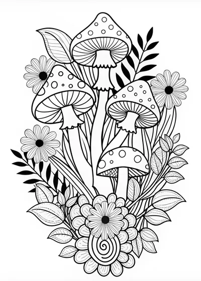 Mushroom Bouquet in a Pot Coloring Page