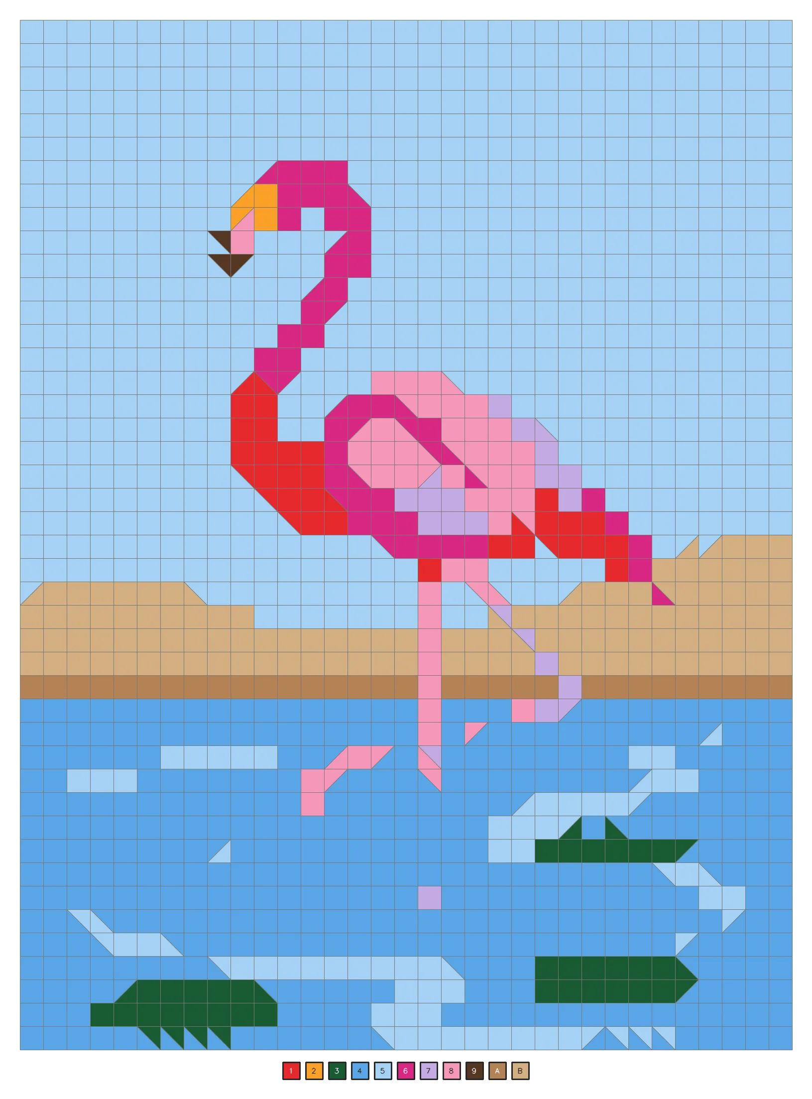 Answer key: a pink flamingo in blue water