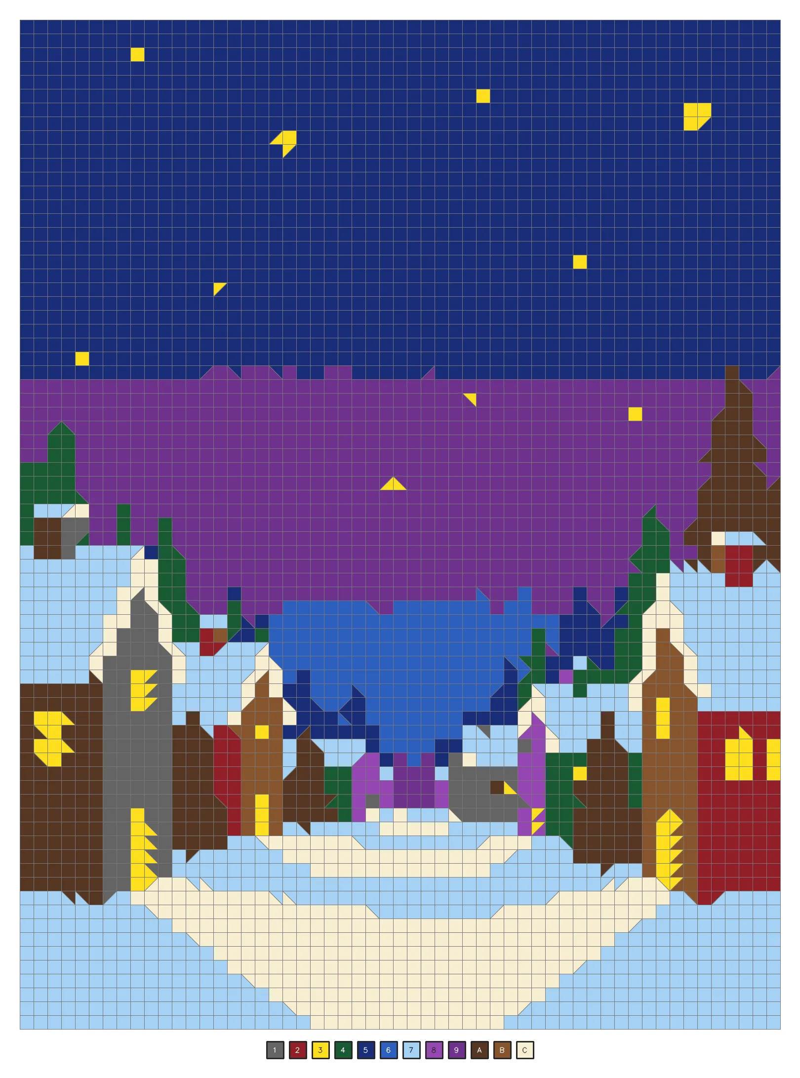 Answer key: a snowy village street at night