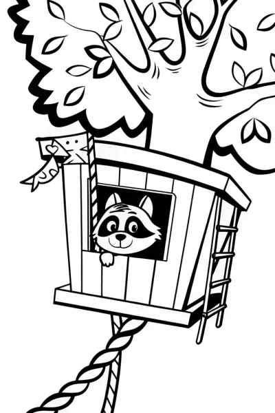 Raccoon in a Treehouse Coloring Page