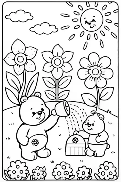 Care Bears in a vibrant flower paradise coloring page
