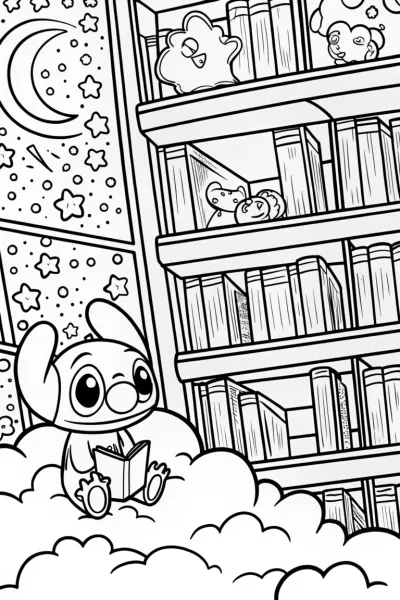 Stitch’s Galactic Library Adventure Coloring Page