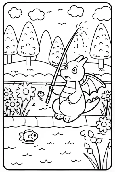 Charizard’s Fishing Adventure Coloring Page