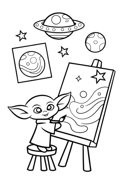 Baby Yoda’s Cosmic Art Studio Coloring Page