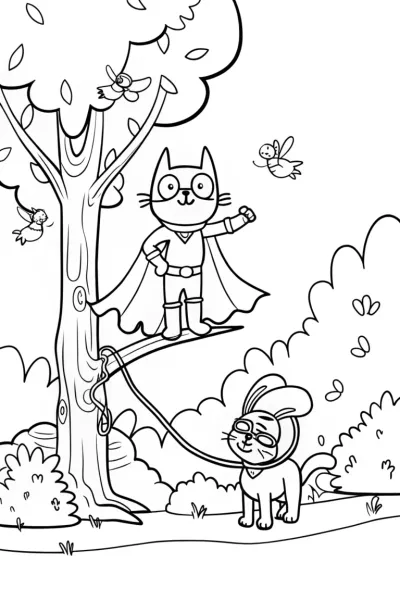 Superhero Cat and Dog Rescue Coloring Page