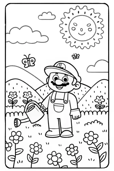Luigi watering flowers in a vibrant garden