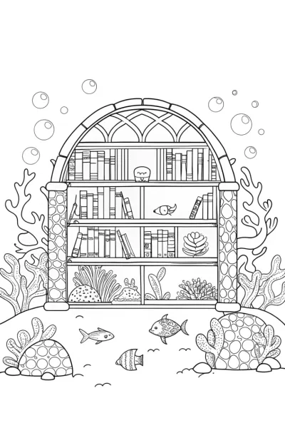 Underwater library with sea creatures