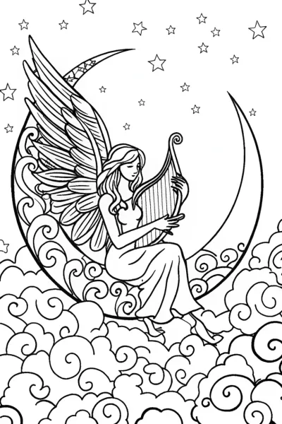 Fairy on Crescent Moon Coloring Page