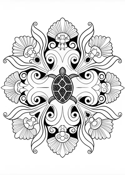 Ocean Mandala with Turtle and Seashells