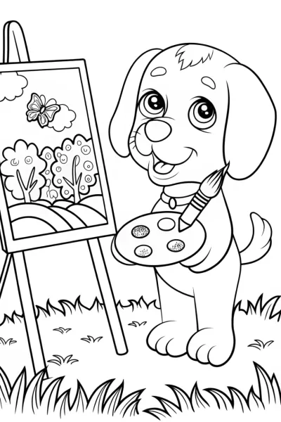 Puppy Painter in Nature Coloring Page