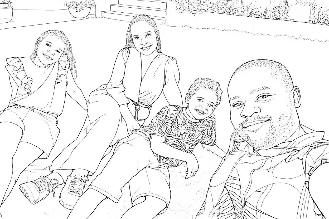 A coloring page made from a family photo of a family on the lawn, perfect for kids to color