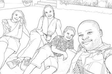 A coloring page made from a family photo of a family on the lawn, perfect for kids to color