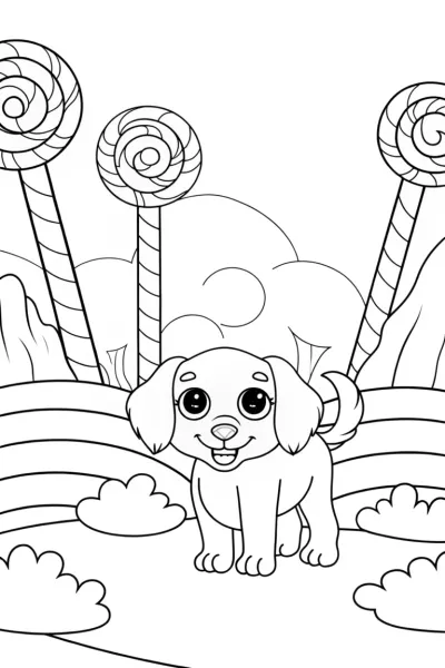 Puppy Adventuring in Candy Land Coloring Page