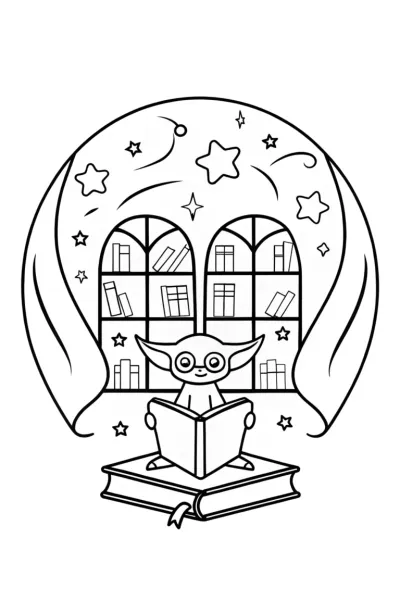 Baby Yoda’s Galactic Library Adventure Coloring Page