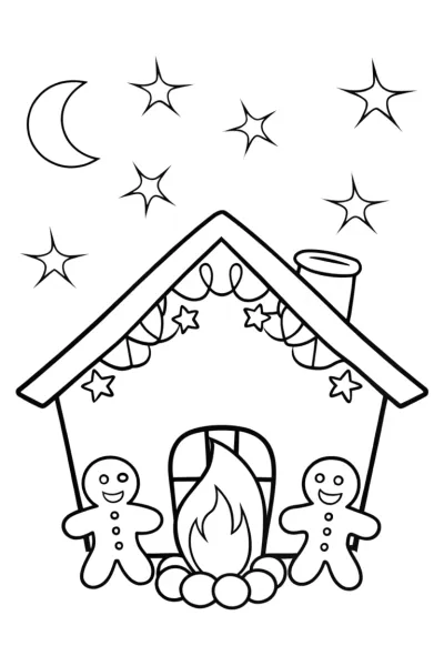 Gingerbread house beneath a starlit sky coloring page