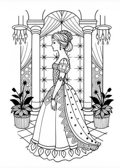 Princess in Elegant Gown Coloring Page
