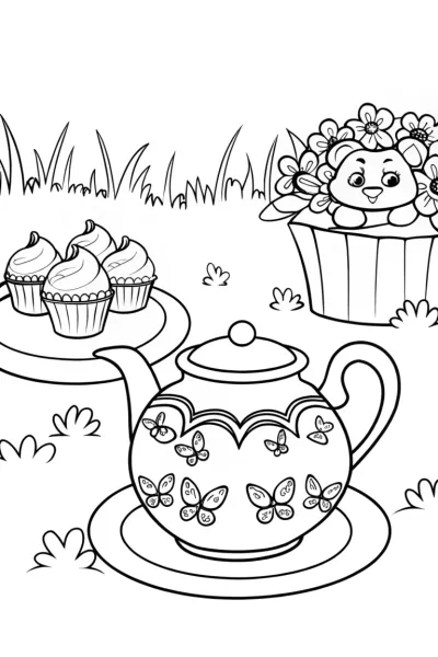 Whimsical Garden Tea Party with a Cheerful Cupcake Character