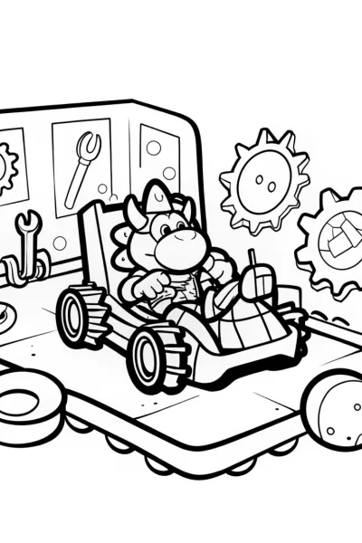Bowser’s Grand Kart Workshop Coloring Page