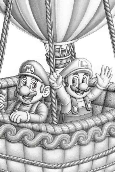 Mario and Luigi in a hot air balloon