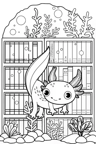 Axolotl Adventurer in the Underwater Library Coloring Page
